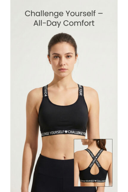 Siyah Çapraz Askılı Spor Sütyeni 3'lü Paket – Challenge Yourself ♥ Baskılı, Elastik Bantlı
