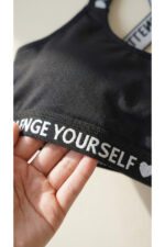 Siyah Çapraz Askılı Spor Sütyeni 3'lü Paket – Challenge Yourself ♥ Baskılı, Elastik Bantlı - Görsel 4
