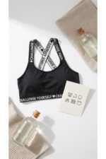Siyah Çapraz Askılı Spor Sütyeni 3'lü Paket – Challenge Yourself ♥ Baskılı, Elastik Bantlı - Görsel 8