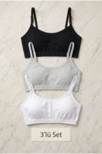 3'lü Set Pamuklu Basic Bralet | Çıkarılabilir Pedli, Ayarlanabilir İp Askılı - Siyah + Beyaz + Gri