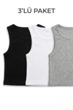 3’lü Paket Fitilli Kaşkorse Bisiklet Yaka Crop Atlet (Siyah-Beyaz-Gri Melanj) - Görsel 8