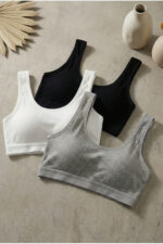 3'lü Set (Siyah Beyaz Gri) Fitilli Bralet Set - Pedli Sporcu Sütyeni - Yüksek Konfor - Crop Büstiyer