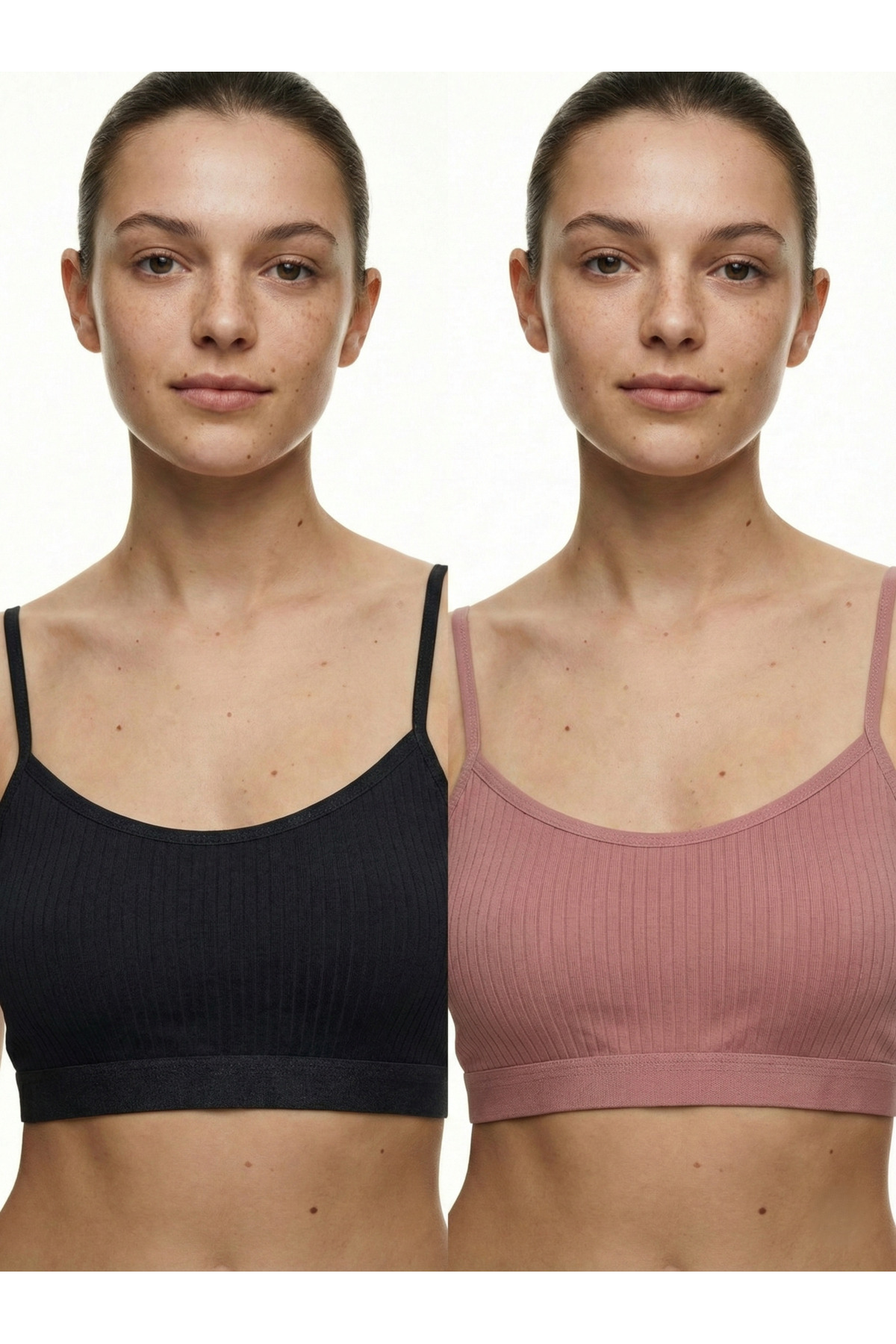 Siyah-Vizon 2'li Set Fitilli İp Askılı Basic Crop Büstiyer Atlet - Görsel 1